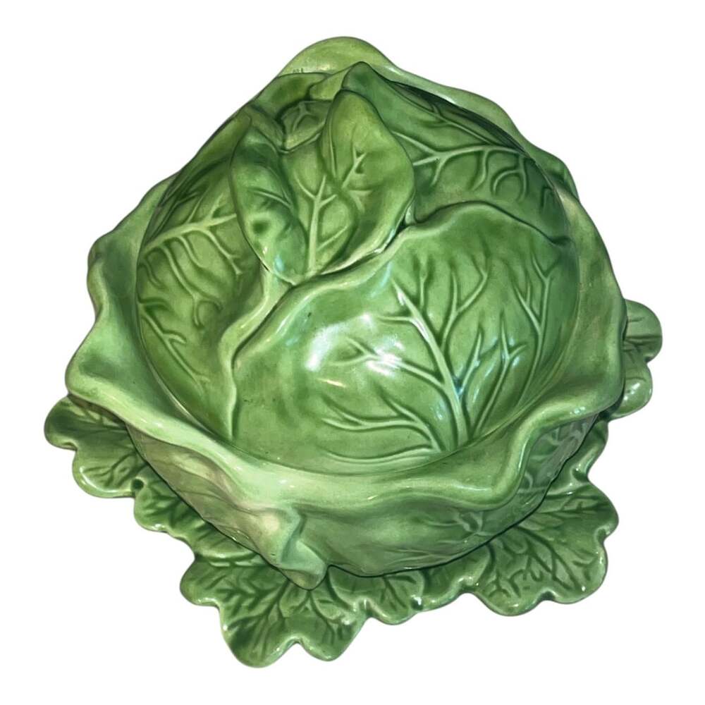 Vintage Holland Mold Cabbage Leaf Ceramic Serving Tureen Bowl with Lid and Plate